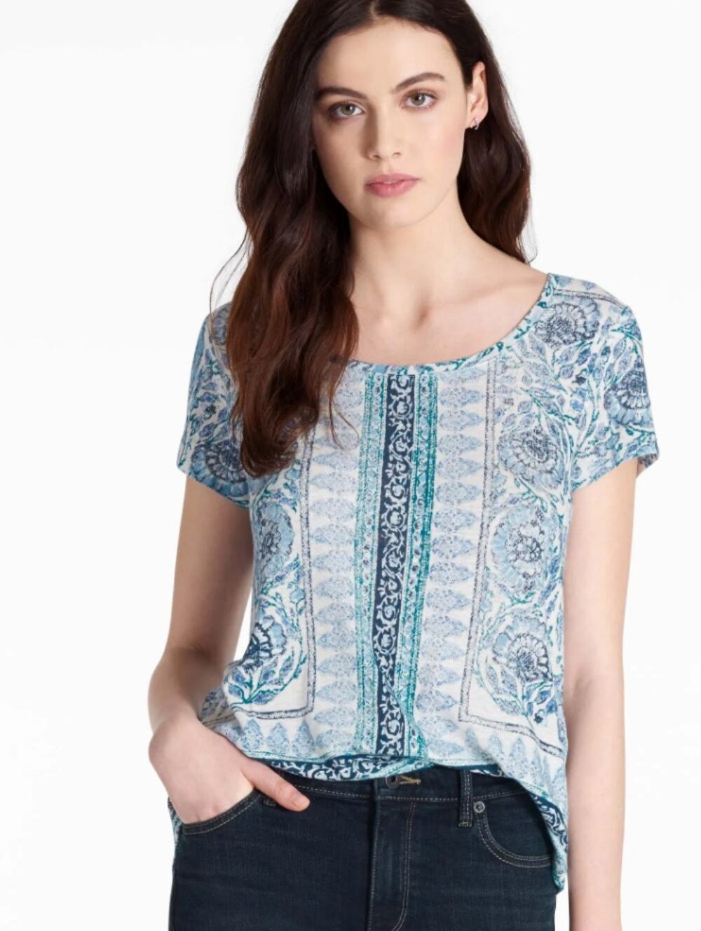 Lucky Brand Size S Boho Blue Paisley Medallion Curved Hem Short Sleeve Top
